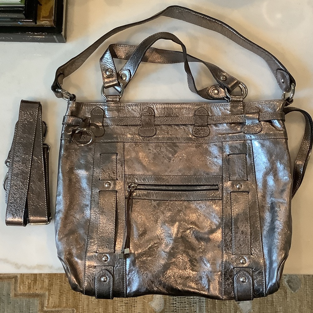 Belen Echandia Metallic Grey Convertible Satchel Bag, Brand New
